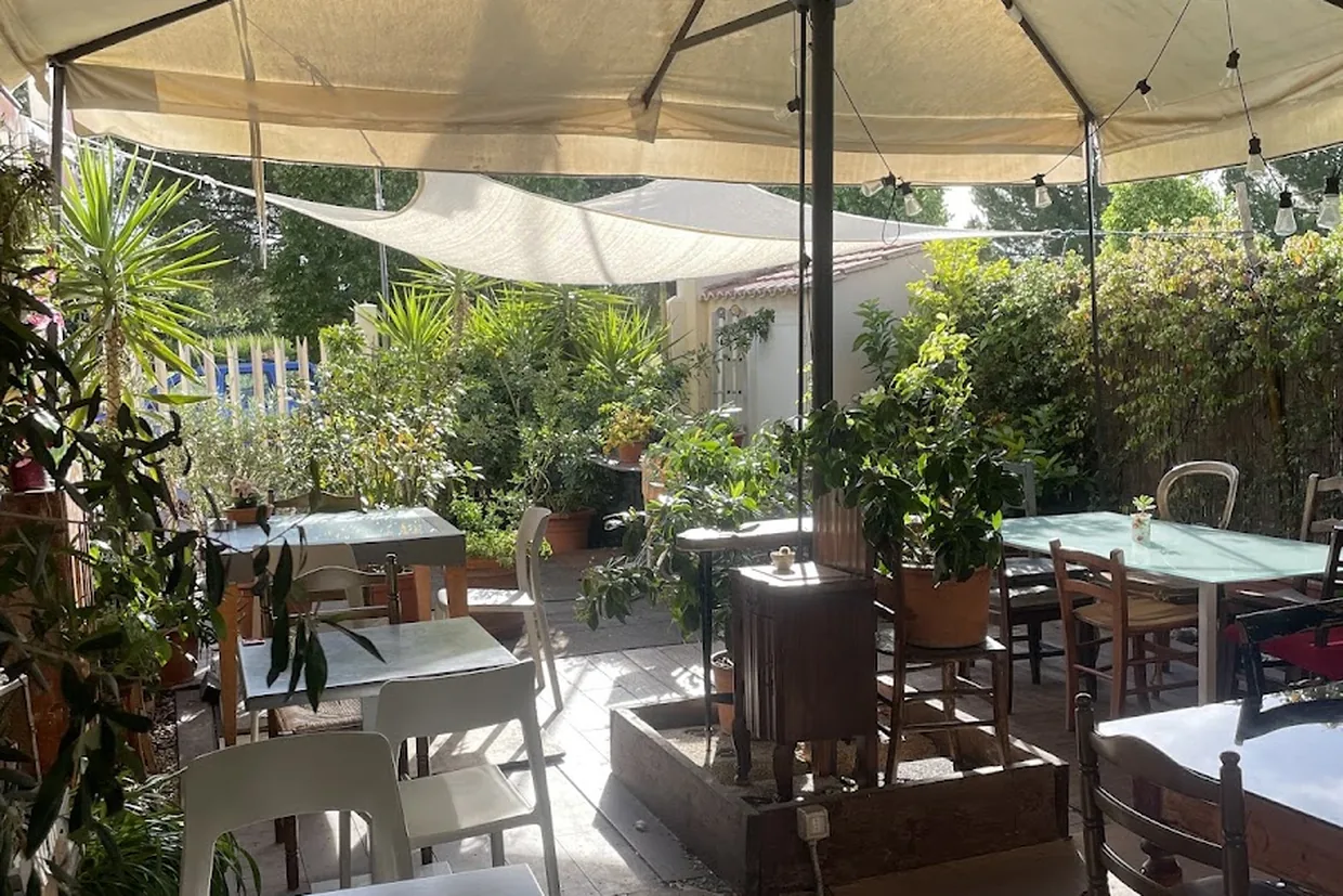 Il giardino con i tavoli apparecchiati sotto gli ombrelloni bianchi, fra le piante in vaso.